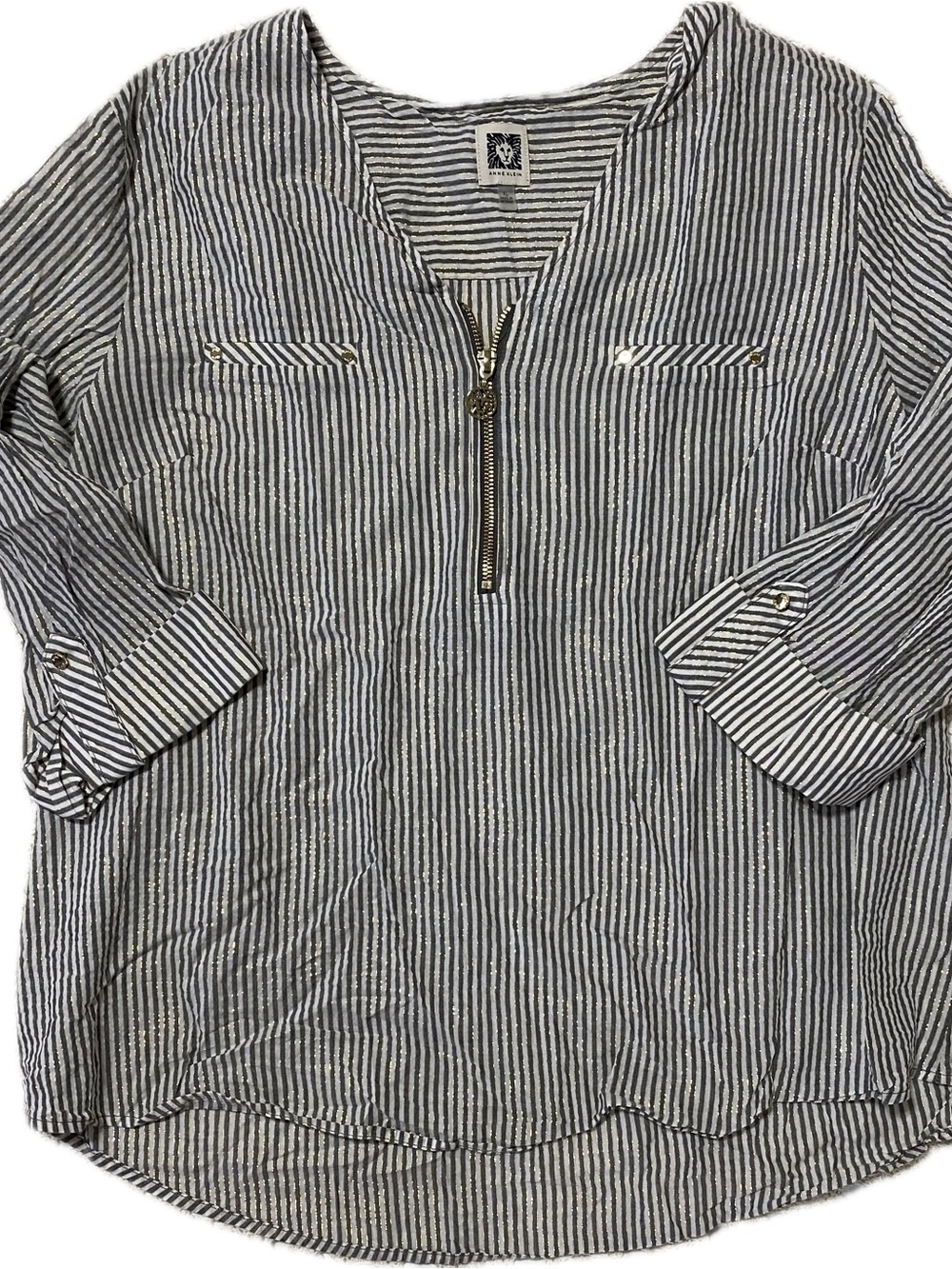 Anne Klein Navy and White Striped Half-Zip Tunic